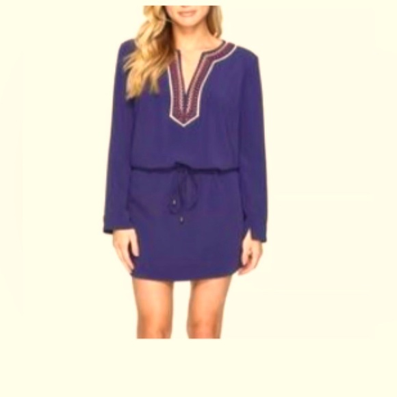 Women’s Navy w Embroidered Vneck Drawstring Waist Blouson Dress Size Medium - Picture 2 of 6